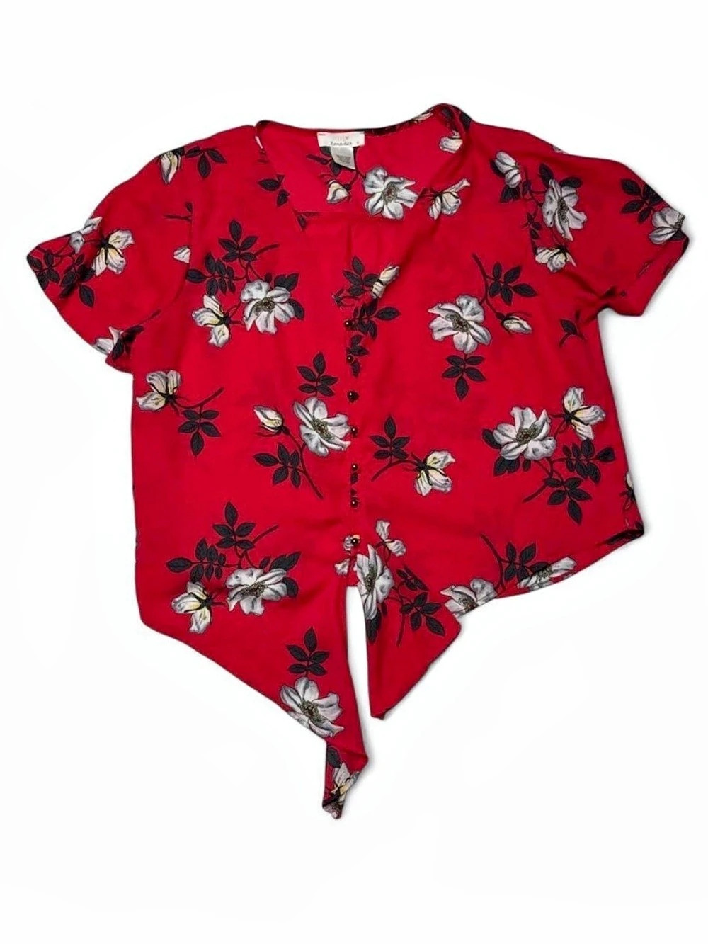 Urban Romantics Floral Tie-Front Top in Red & Black Size Large